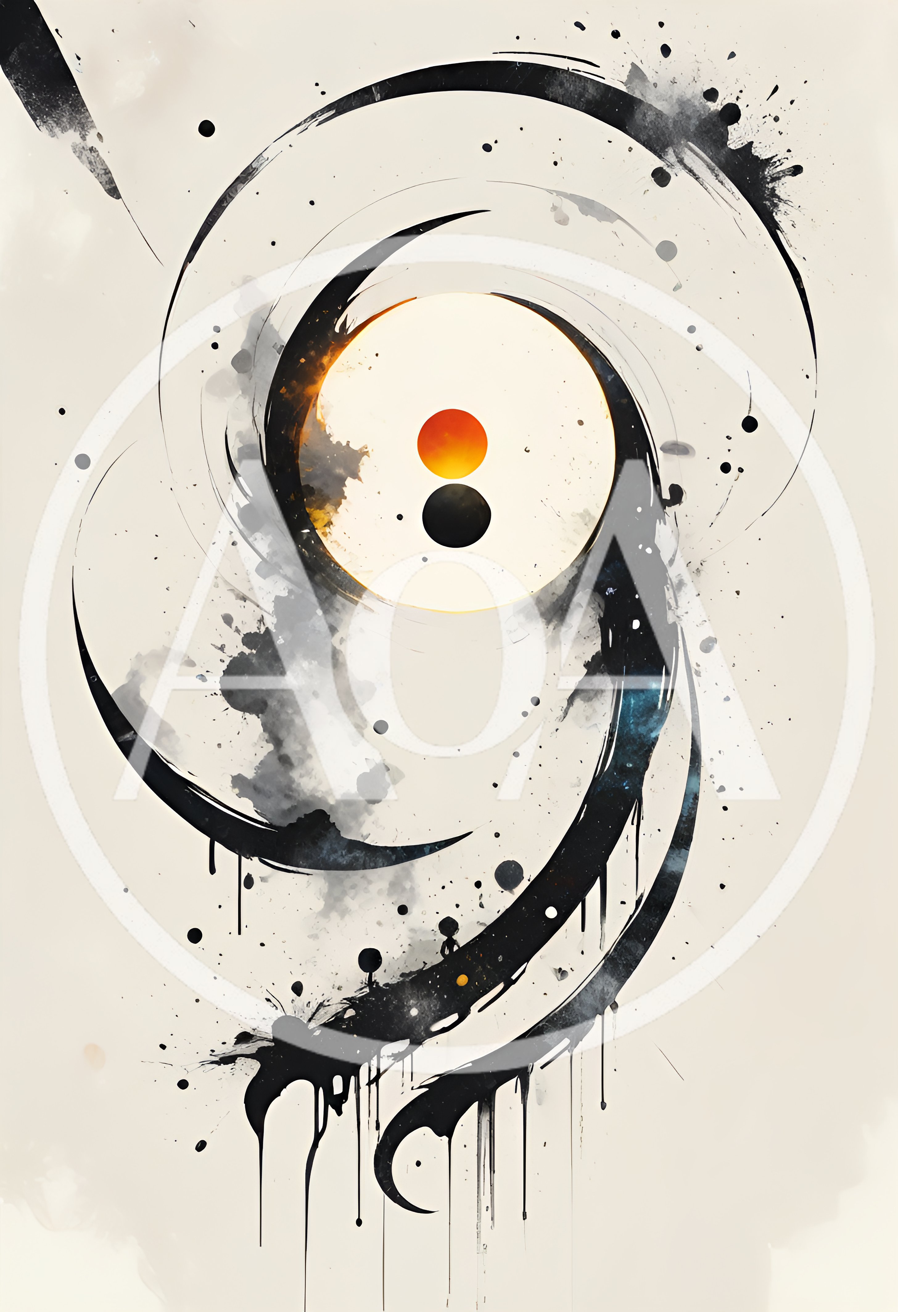 Abstract Ink Wash Painting With Celestial Circles