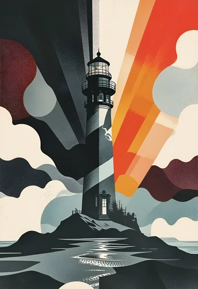 Stylized Graphic Illustration Of A Coastal Lighthouse