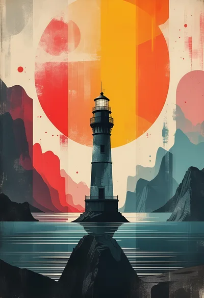 Stylized Lighthouse Illustration Against A Large Abstract Sun