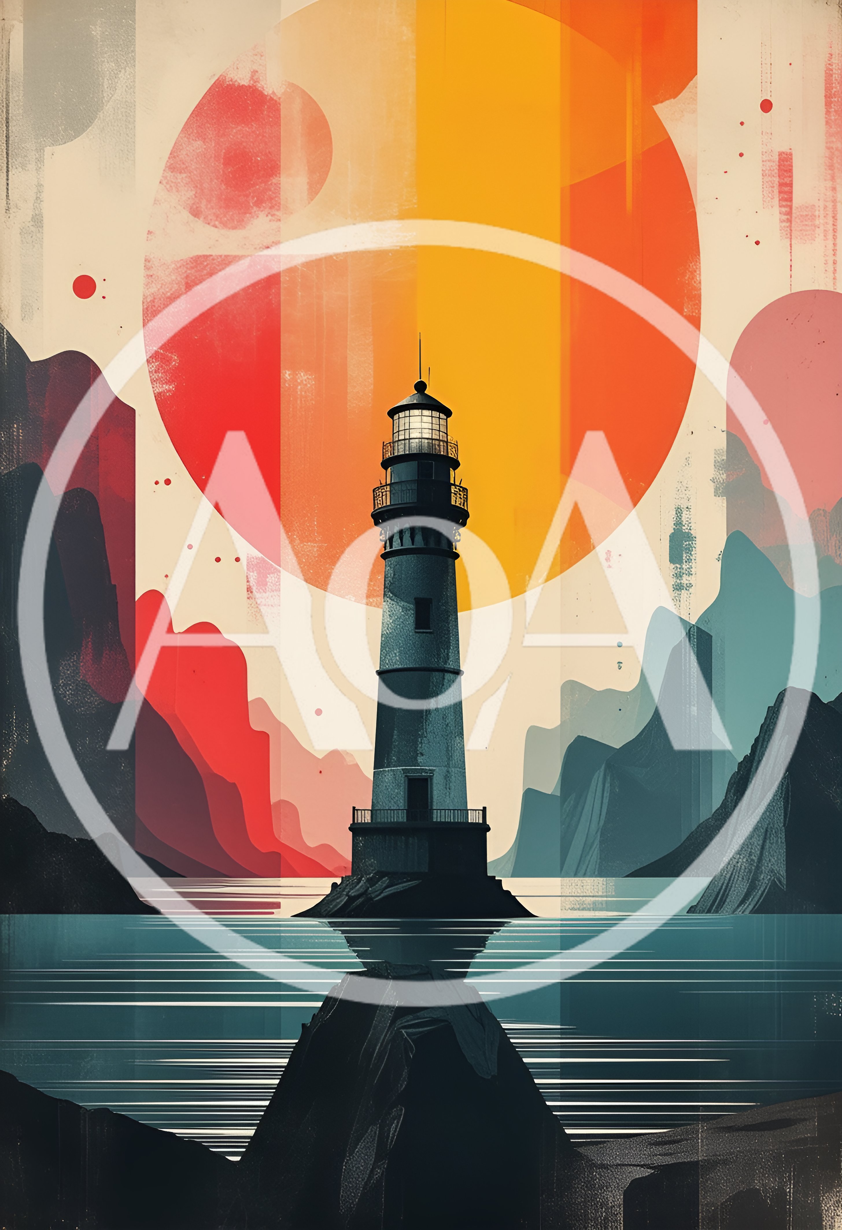 Stylized Lighthouse Illustration Against A Large Abstract Sun