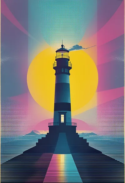 Retro Synthwave Lighthouse Illustration With Sunset Background