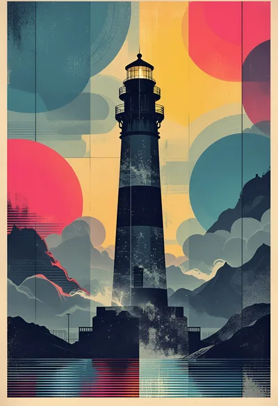 Stylized Lighthouse Illustration With Abstract Geometric Background