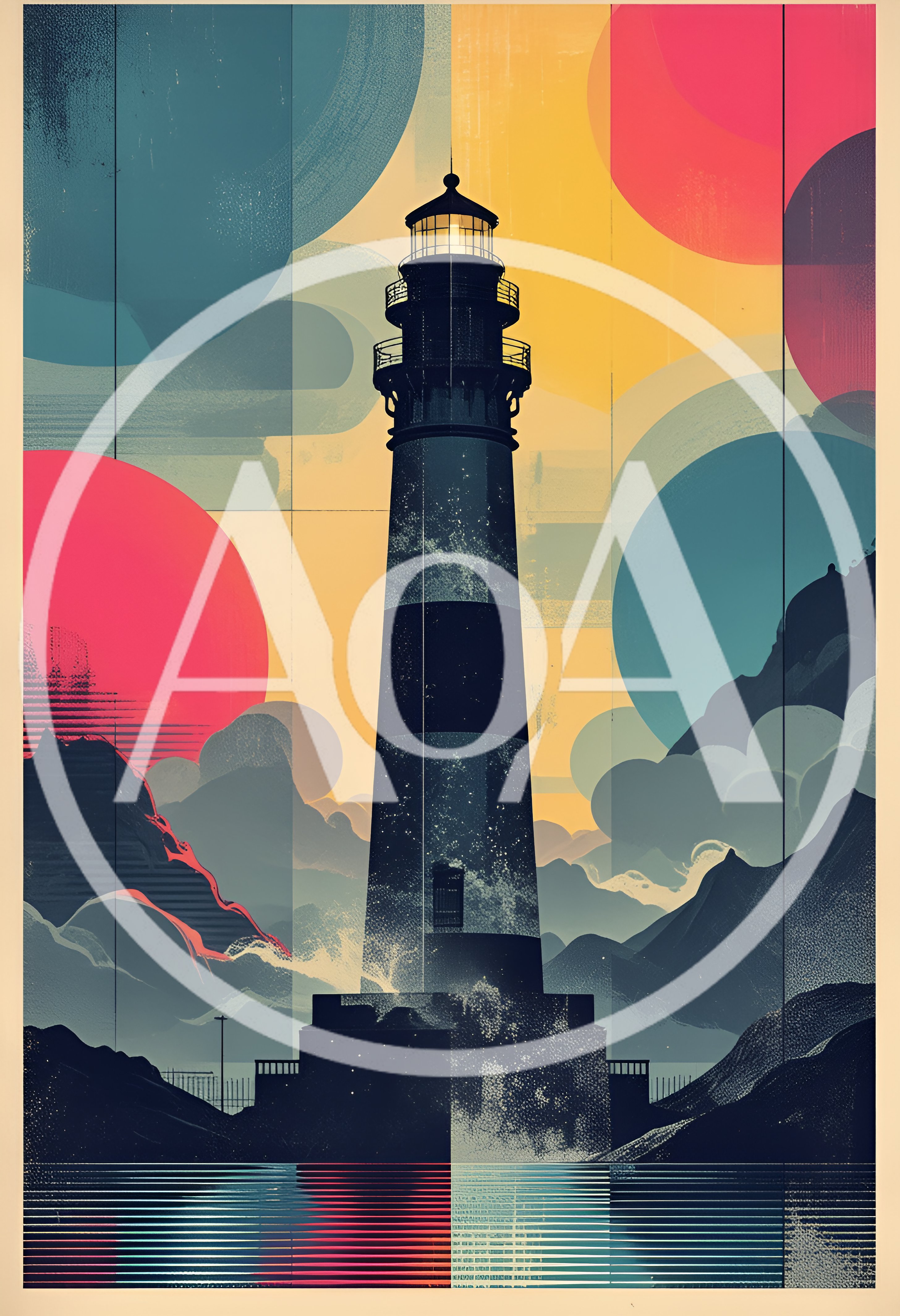 Stylized Lighthouse Illustration With Abstract Geometric Background