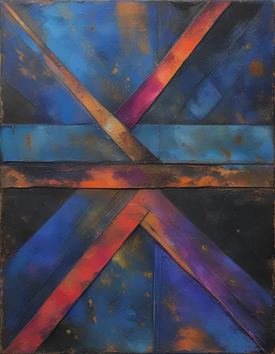 Abstract Geometric Painting With Textured Blue And Orange Layers
