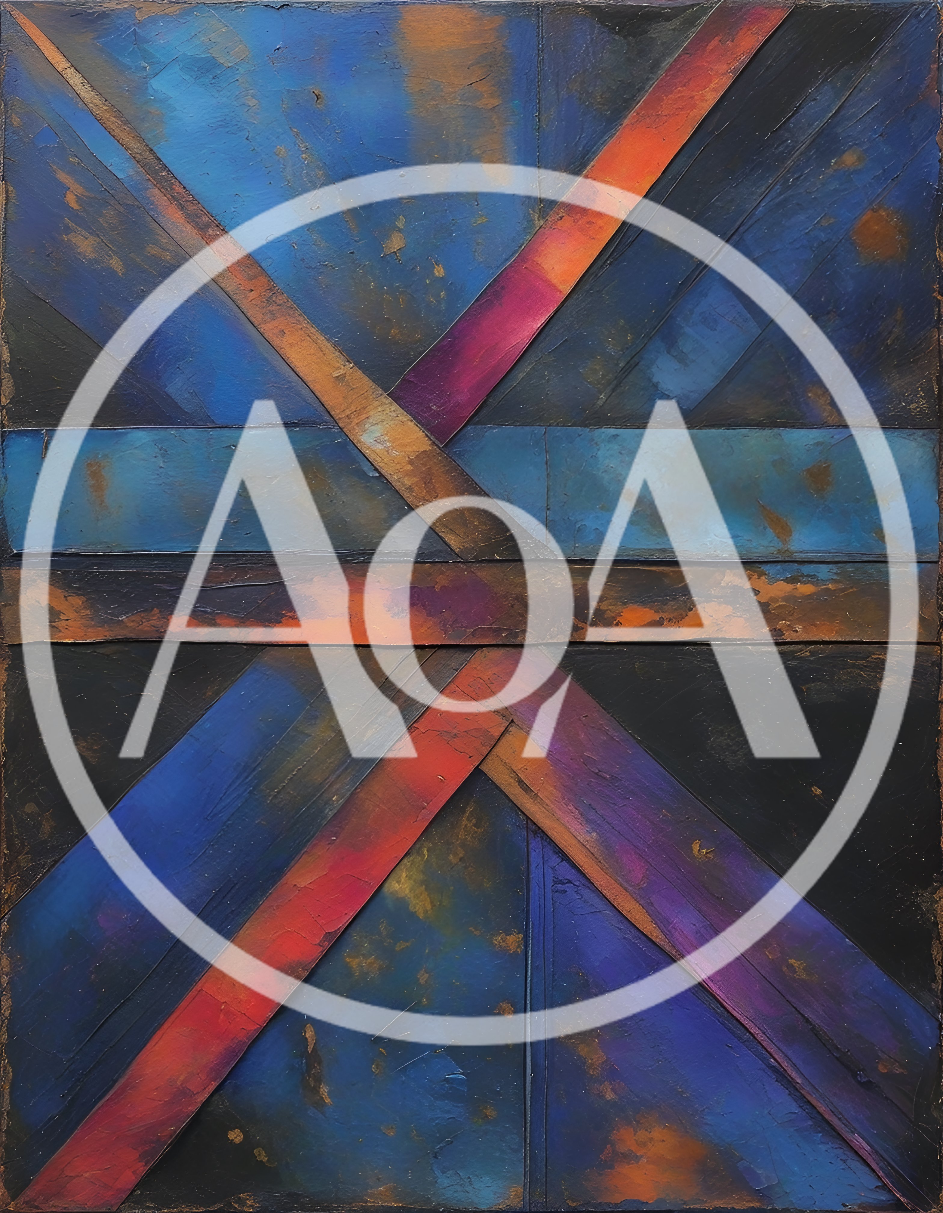 Abstract Geometric Painting With Textured Blue And Orange Layers