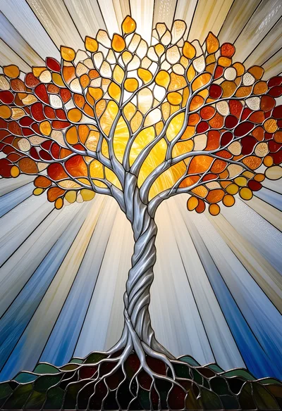Stained Glass Tree Of Life With Radiant Sunburst