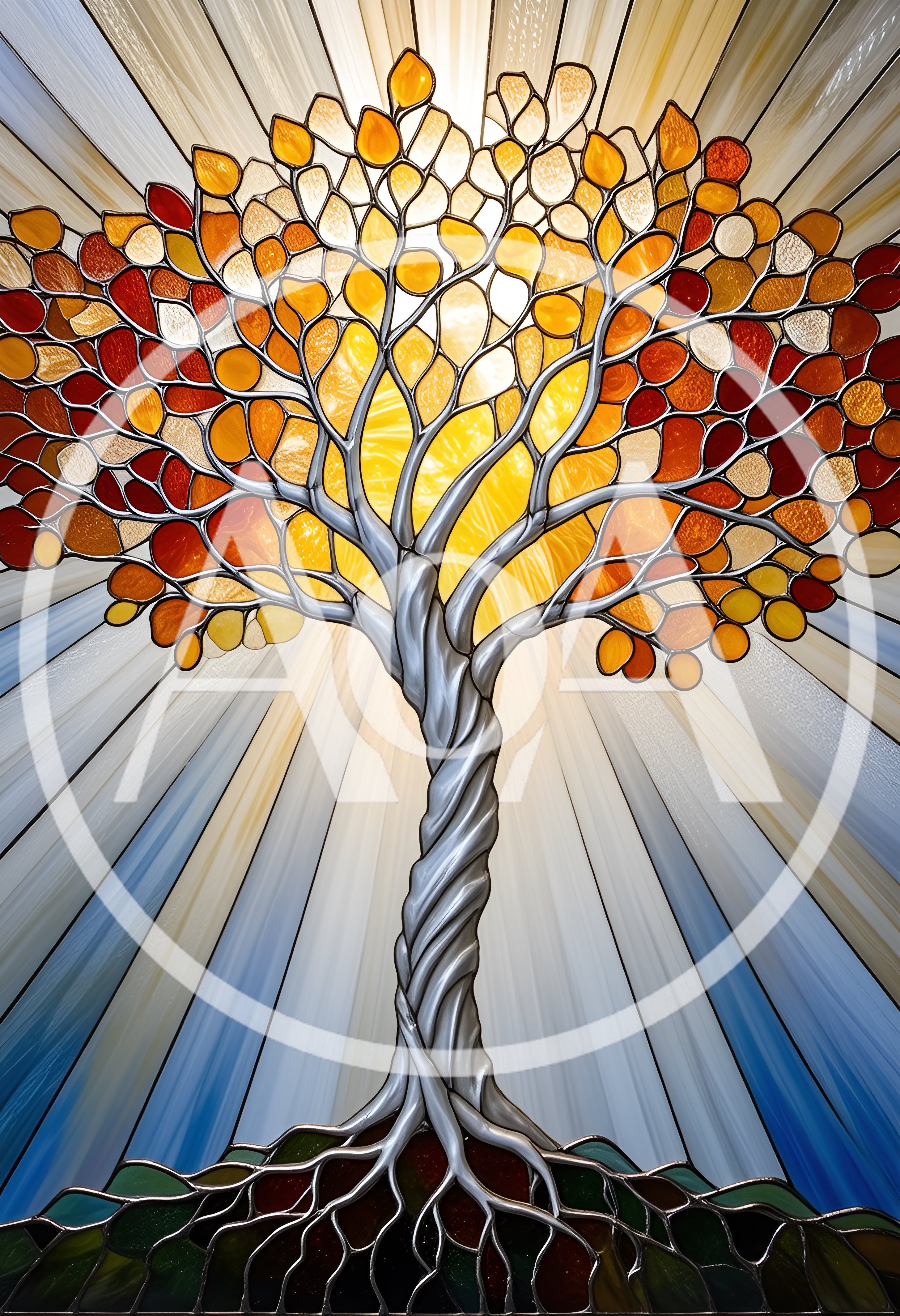 Stained Glass Tree Of Life With Radiant Sunburst