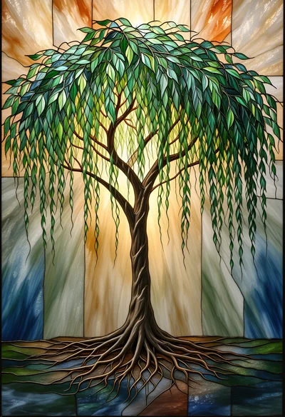 Stained Glass Willow Tree With Radiant Backlit Sun