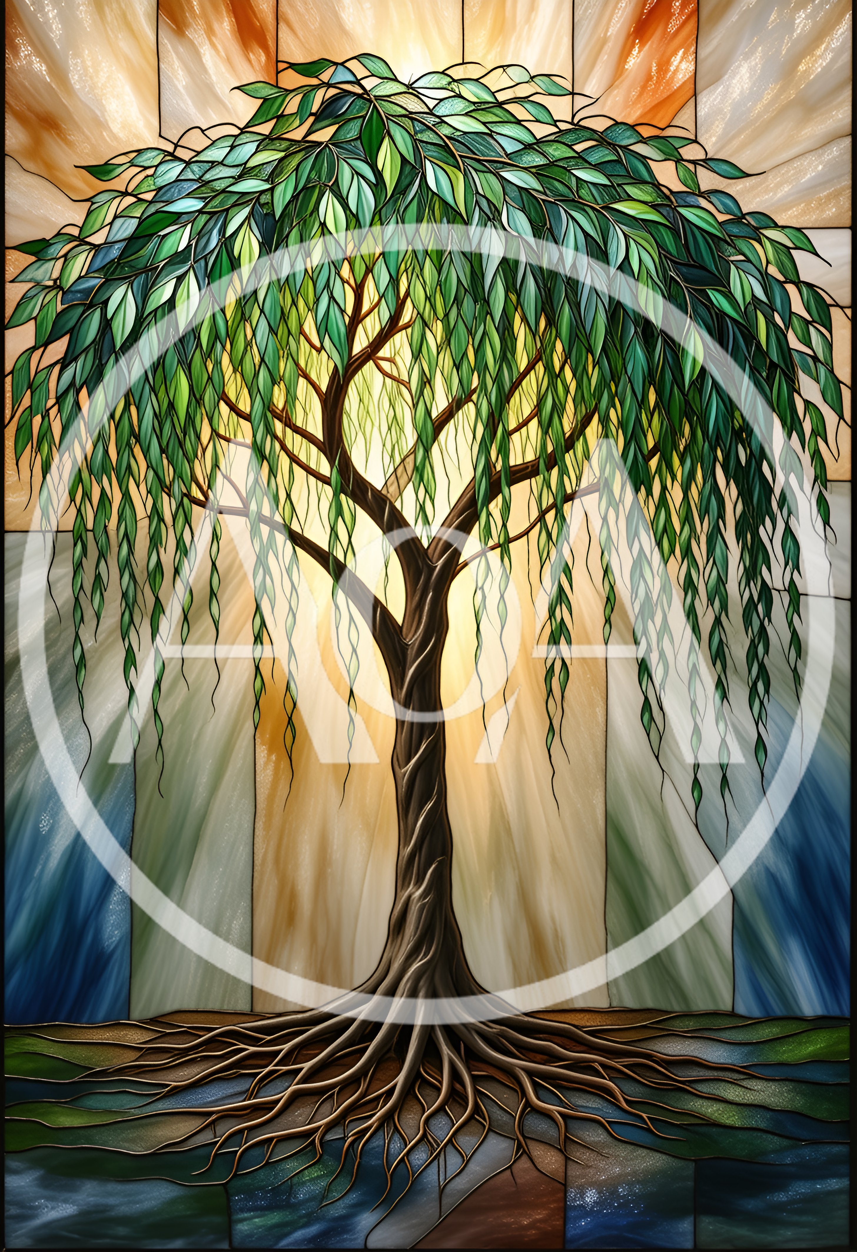 Stained Glass Willow Tree With Radiant Backlit Sun