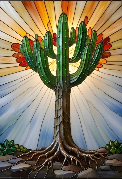 Stained Glass Cactus Art With Radiant Sunburst Background