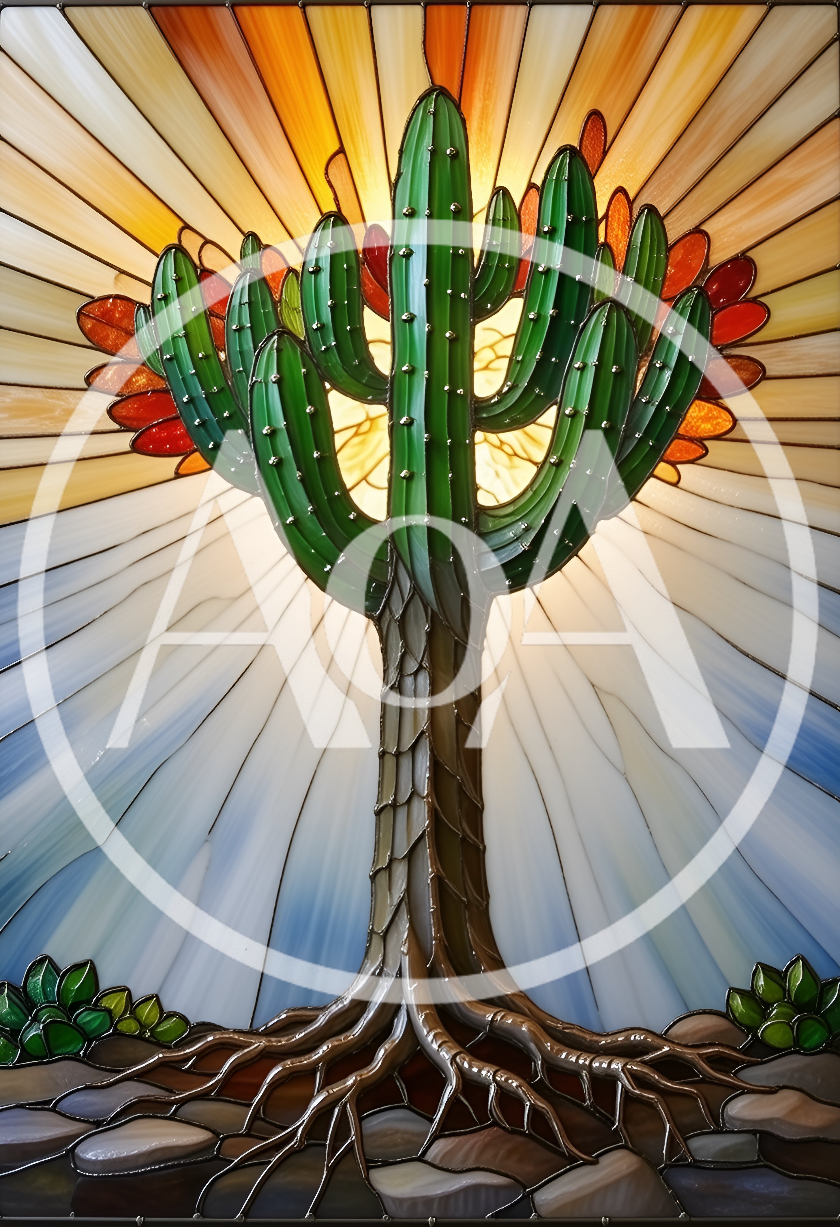 Stained Glass Cactus Art With Radiant Sunburst Background