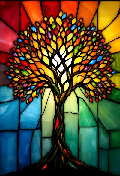 Stained Glass Tree Of Life With Vibrant Colorful Leaves