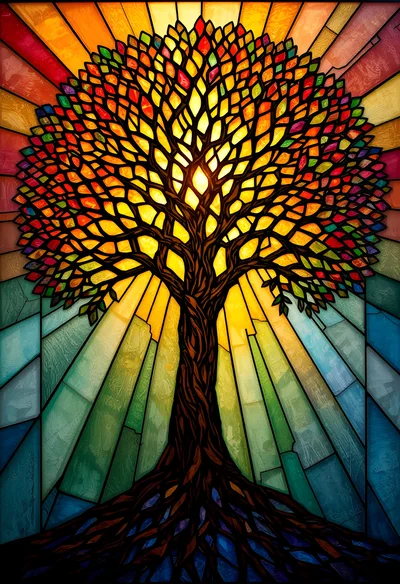 Stained Glass Tree Of Life With Radiant Sunburst