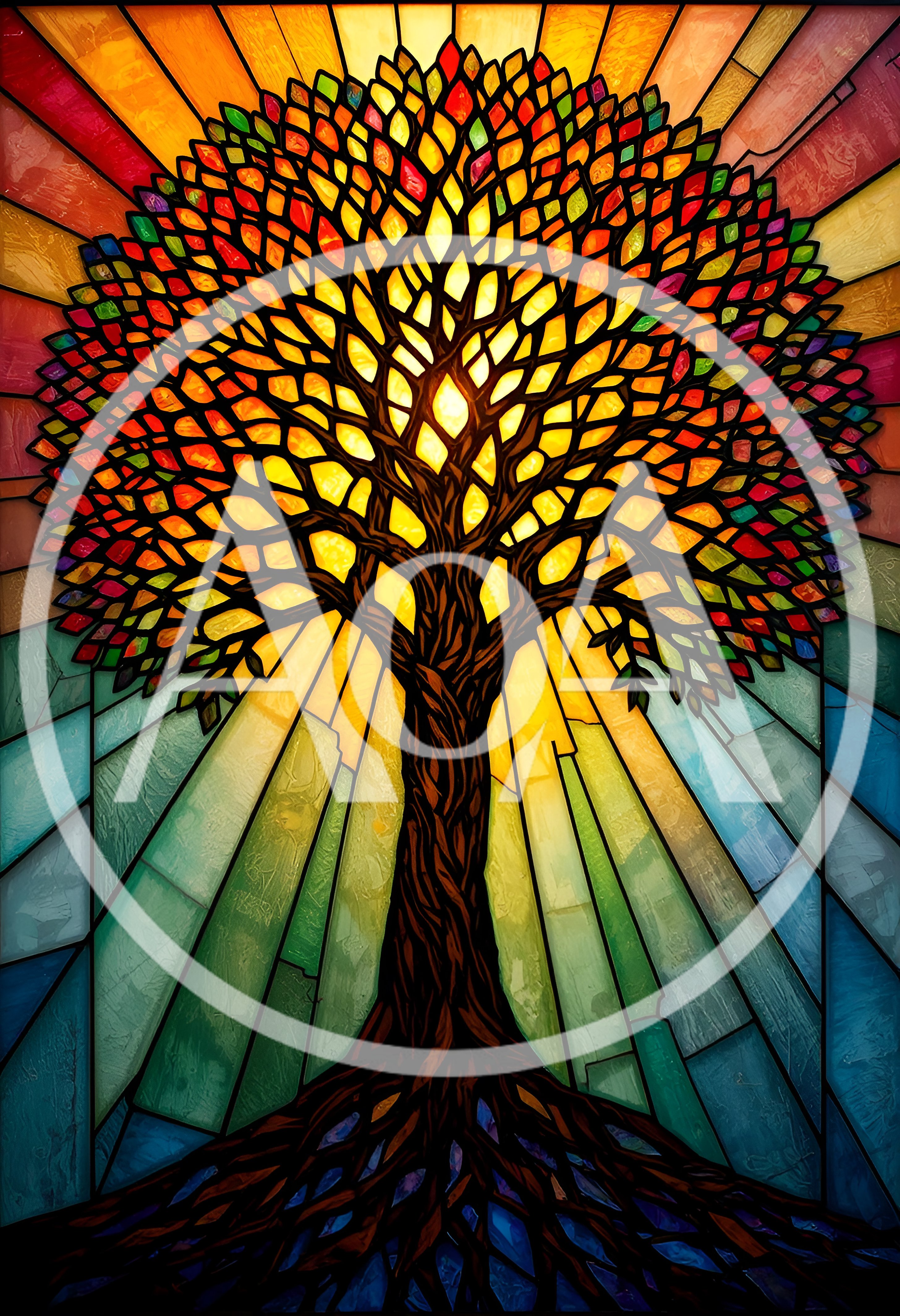 Stained Glass Tree Of Life With Radiant Sunburst