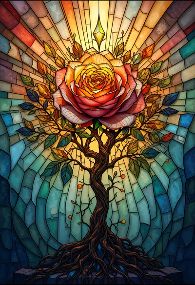 Stained Glass Art Featuring A Rose Tree