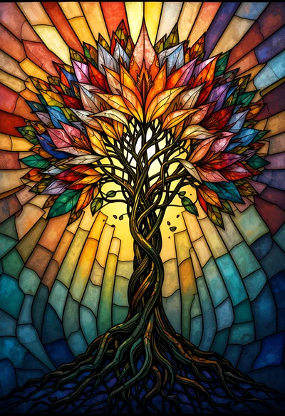 Stained Glass Tree Of Life With Vibrant Floral Foliage