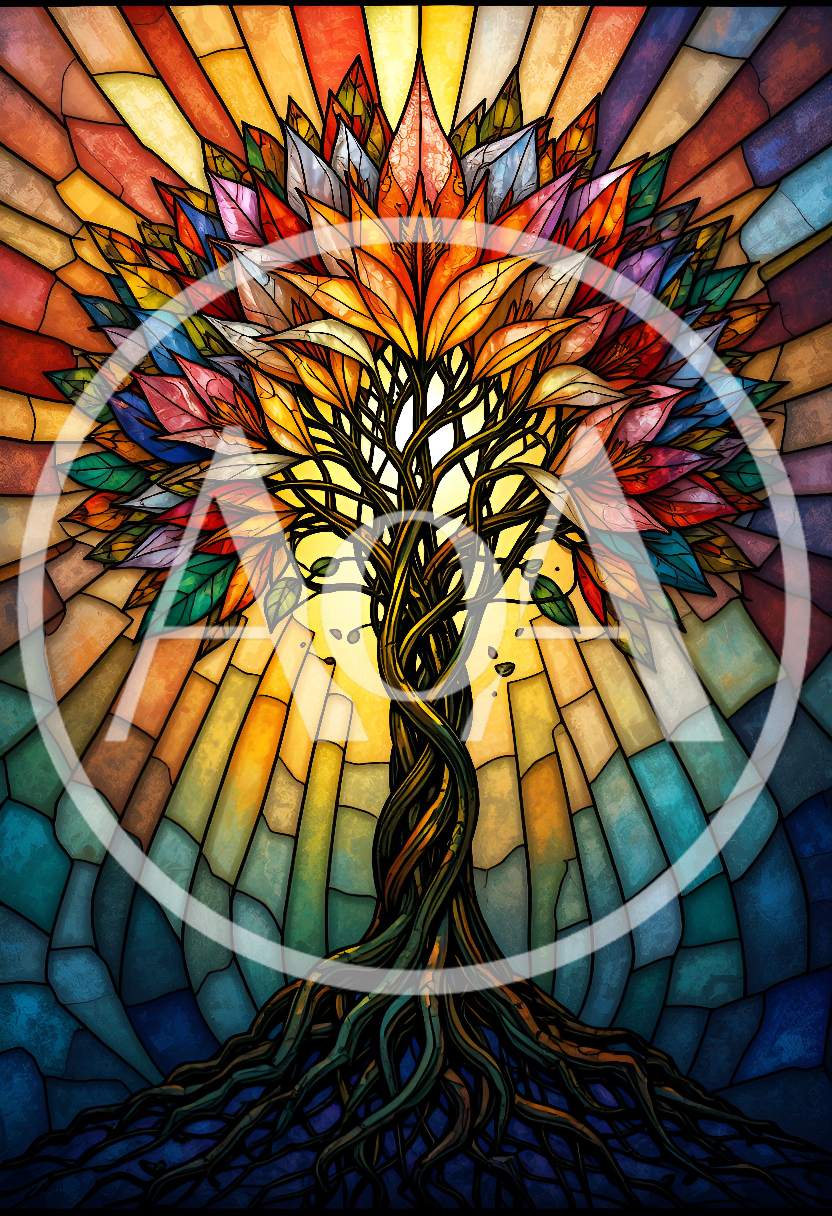 Stained Glass Tree Of Life With Vibrant Floral Foliage