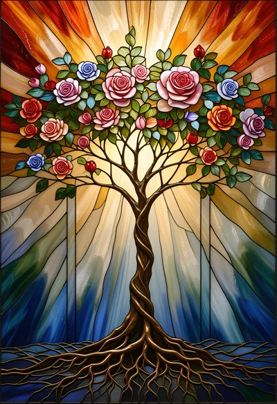 Stained Glass Tree Of Life With Blooming Roses