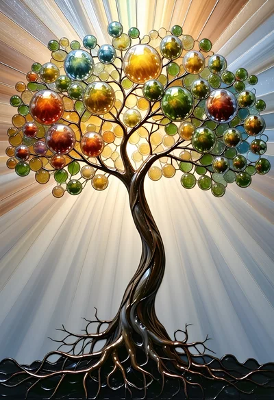 Abstract Metal Tree Sculpture With Glowing Glass Orbs