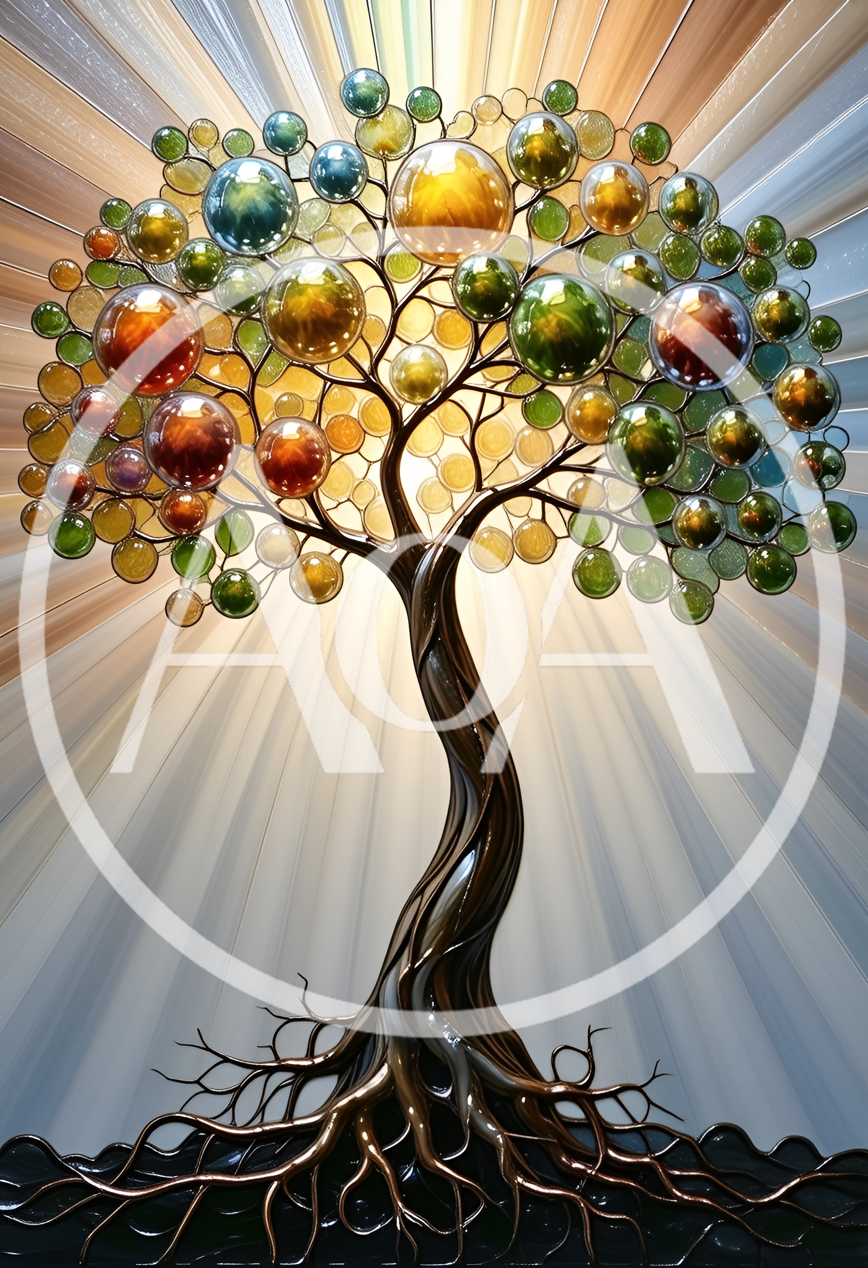 Abstract Metal Tree Sculpture With Glowing Glass Orbs