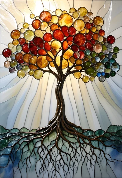 Stained Glass Tree Of Life With Radiant Sunburst Background