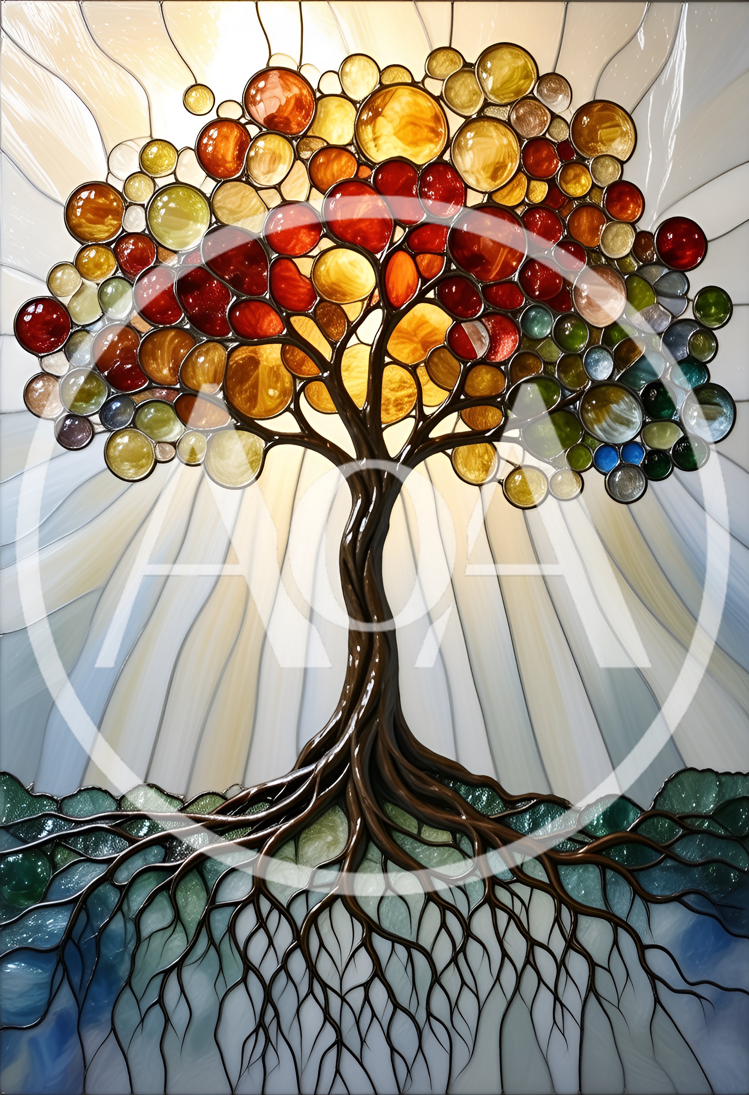 Stained Glass Tree Of Life With Radiant Sunburst Background