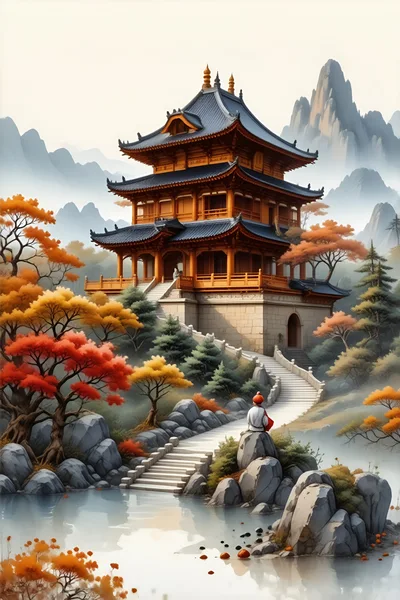 Traditional Asian Temple With Autumn Landscape