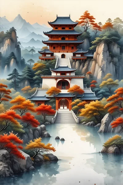 Traditional East Asian Pagoda Temple In Mountain Landscape