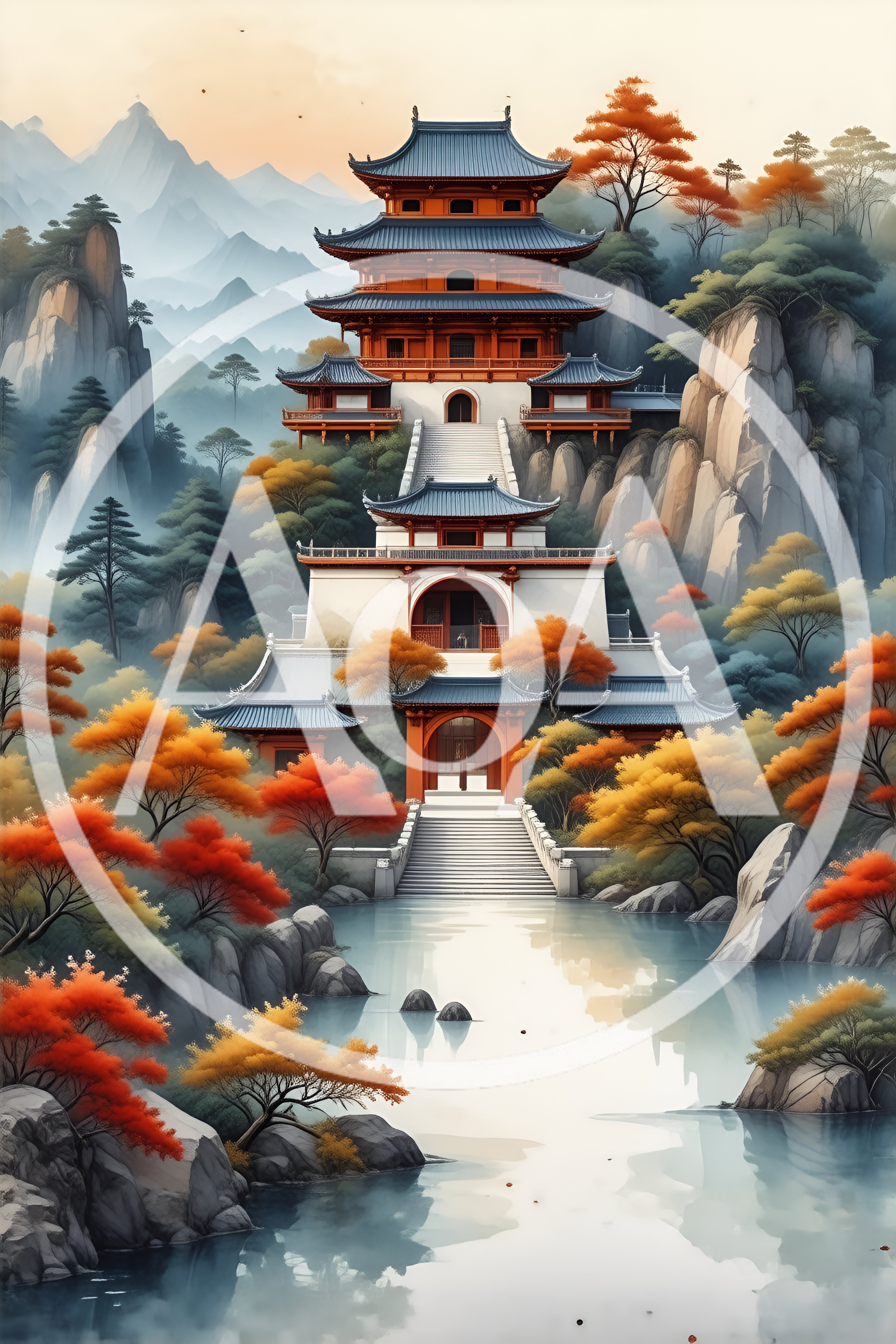 Traditional East Asian Pagoda Temple In Mountain Landscape