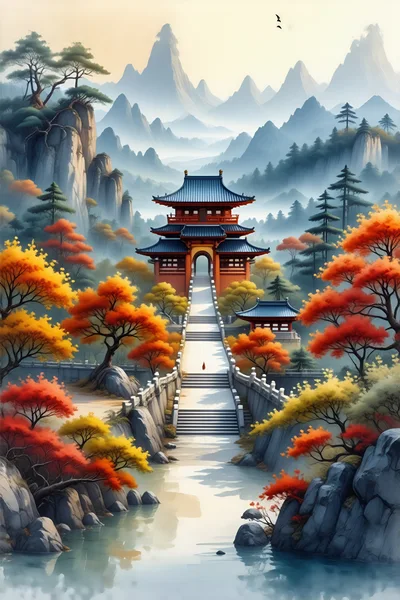 Traditional Asian Temple With Autumn Foliage And Mountains