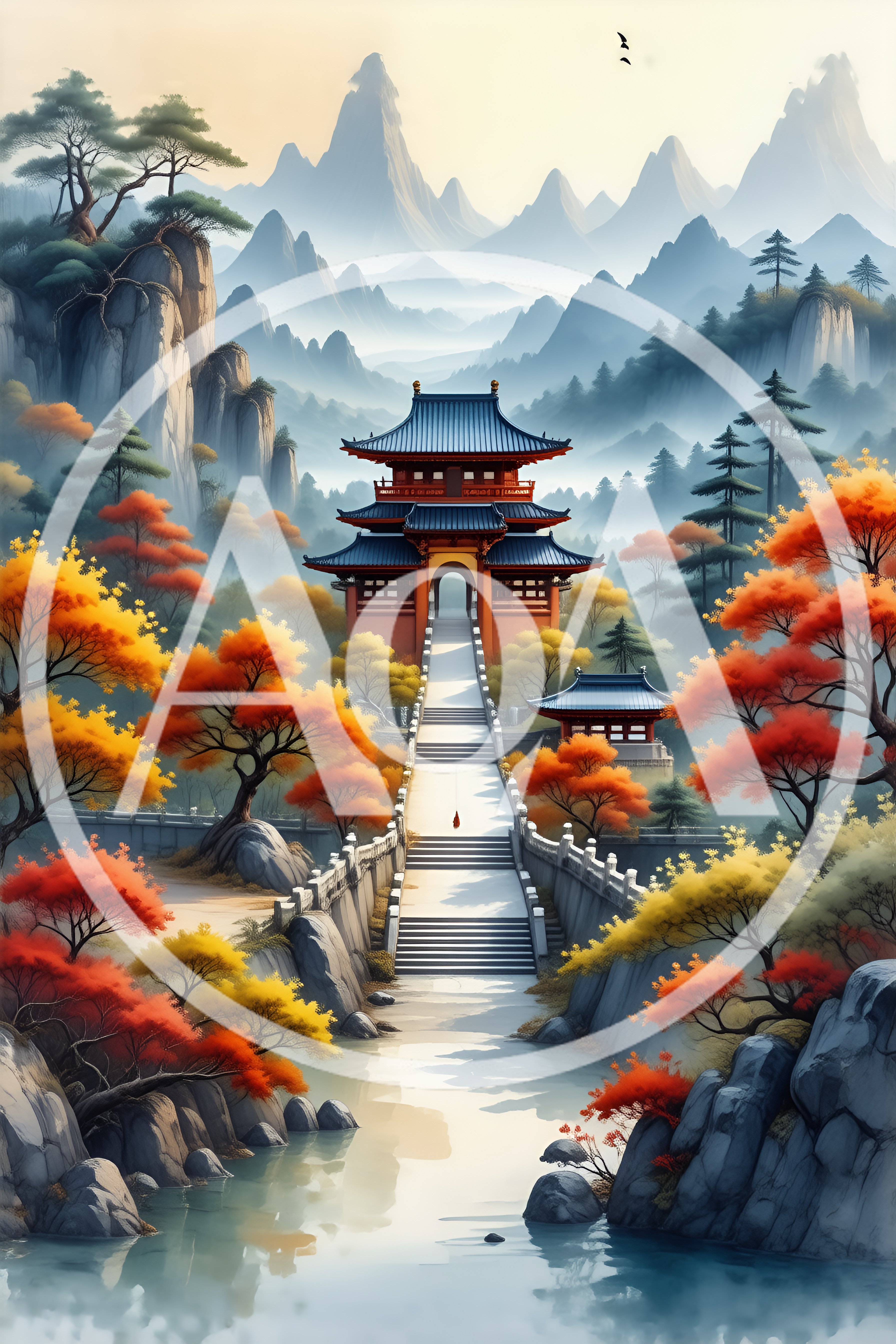 Traditional Asian Temple With Autumn Foliage And Mountains