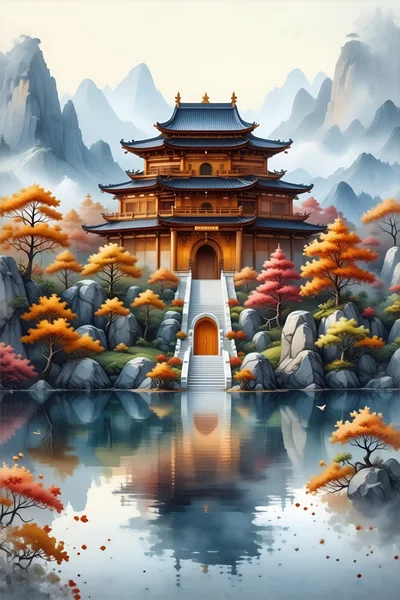 Traditional Asian Temple Architecture Beside A Calm Lake
