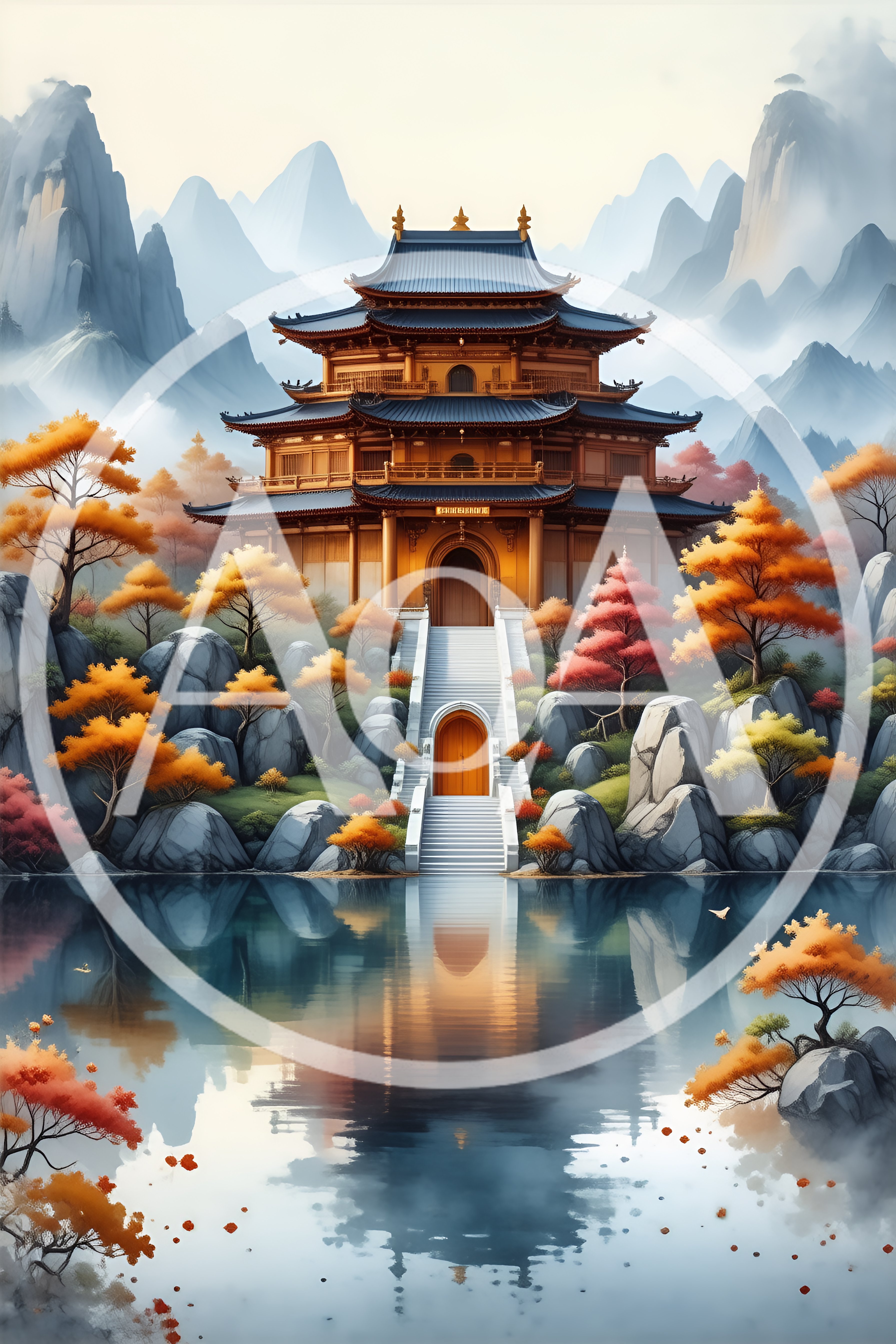 Traditional Asian Temple Architecture Beside A Calm Lake