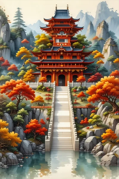 Traditional Japanese Pagoda Temple Amidst Autumn Landscape