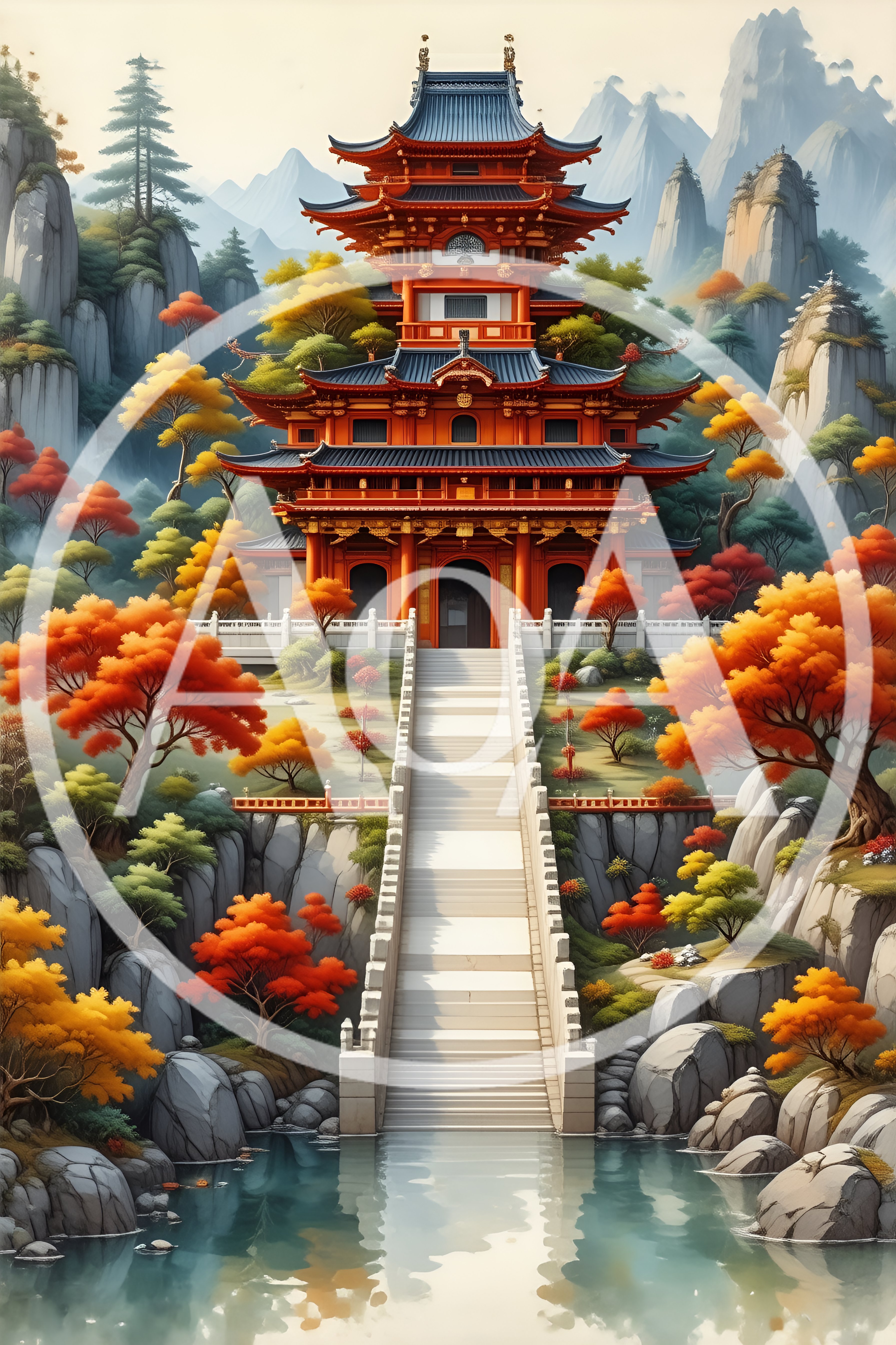 Traditional Japanese Pagoda Temple Amidst Autumn Landscape