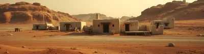 Desert Settlement With Adobe Buildings In Arid Landscape