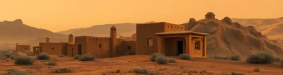 Adobe Desert Village Under A Golden Sunset Sky
