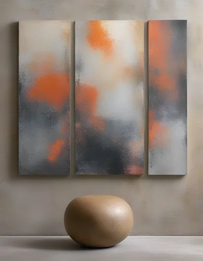 Abstract Triptych Wall Art With Wooden Stool