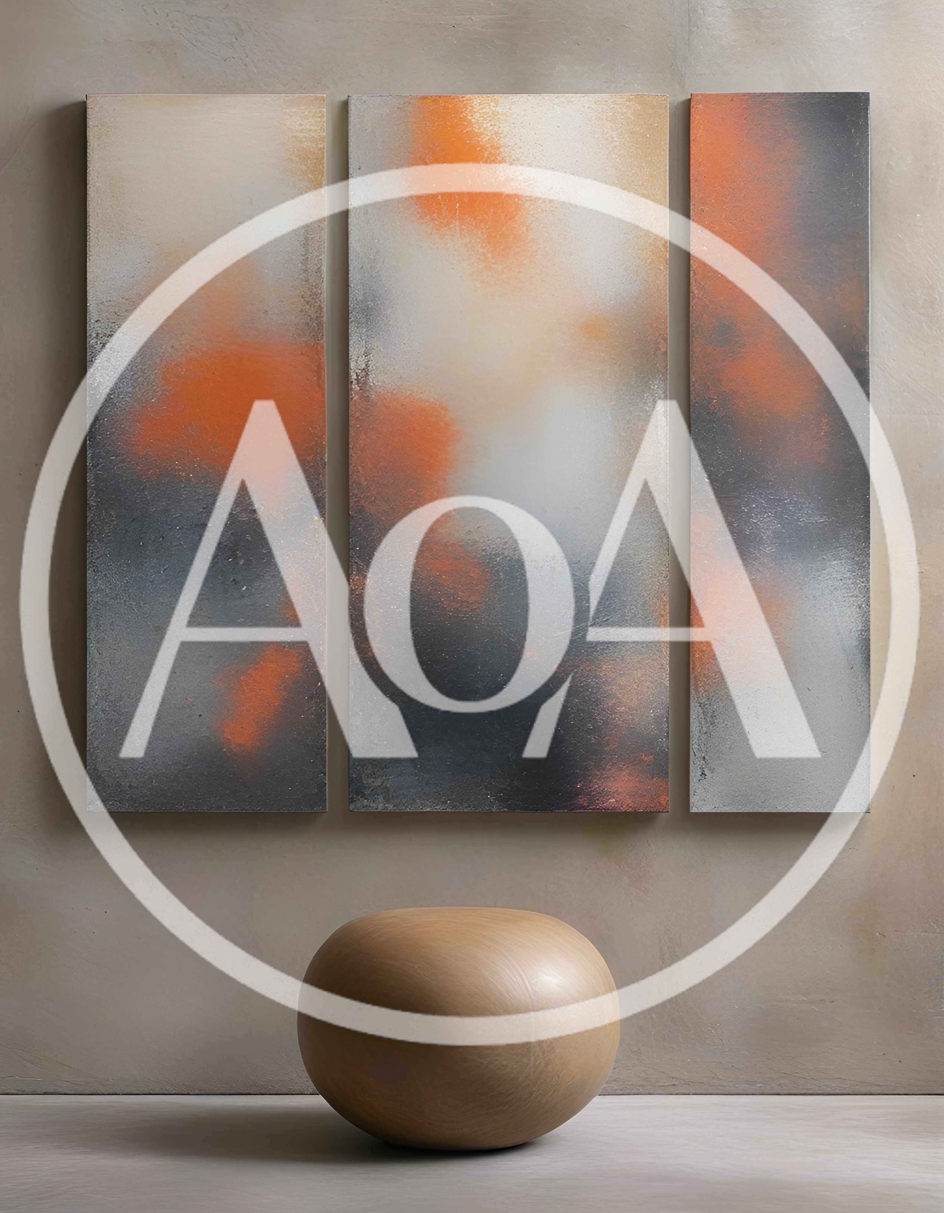 Abstract Triptych Wall Art With Wooden Stool