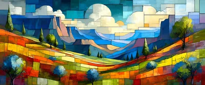 Abstract Mosaic Landscape Painting With Rolling Hills