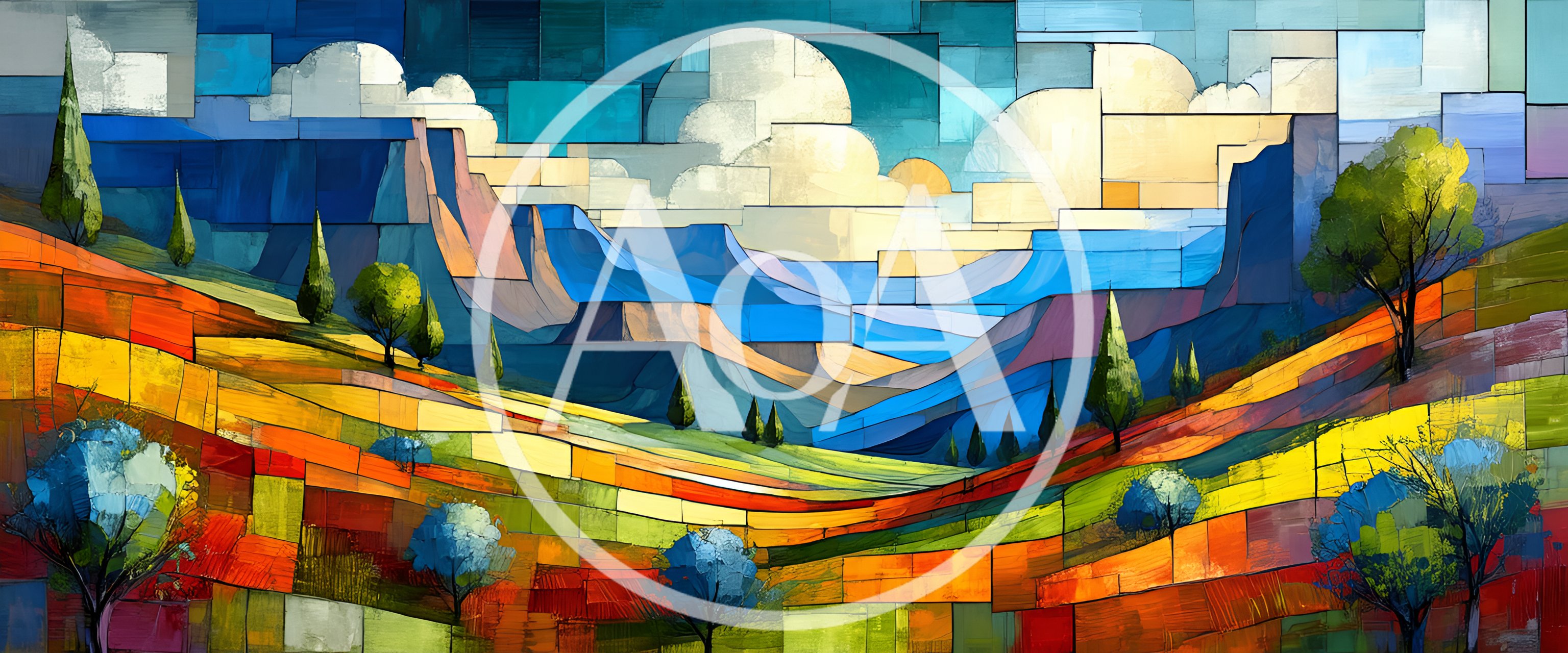 Abstract Mosaic Landscape Painting With Rolling Hills