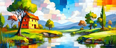 Impressionist Painting Of A Country House By A River