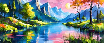 Impressionist Oil Painting Of A Serene Mountain Lake