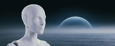 Android Head Looking At A Distant Planet Over Ocean