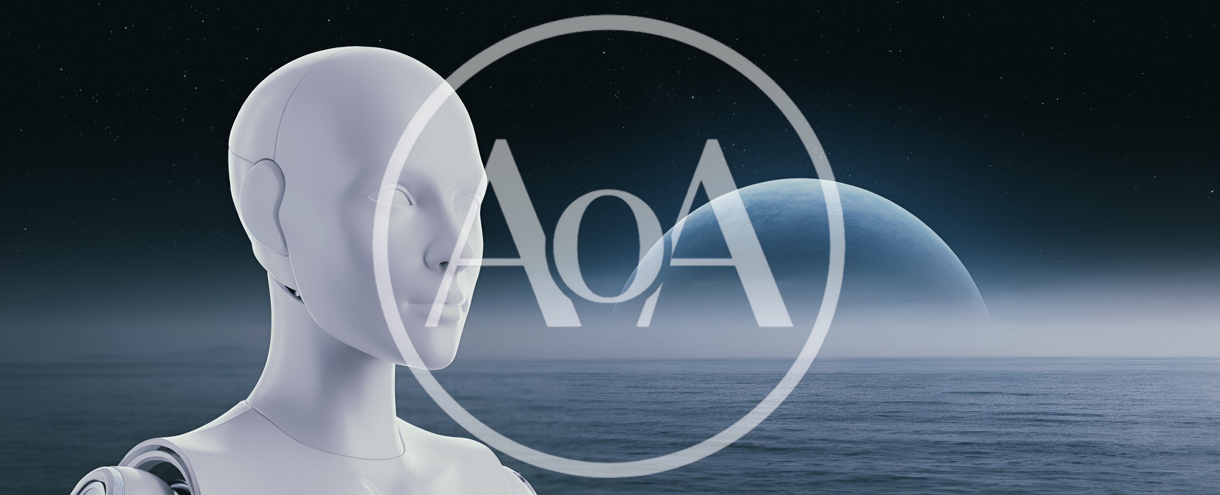 Android Head Looking At A Distant Planet Over Ocean