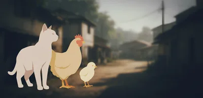 Stylized Illustration Of A Cat Chicken And Chick