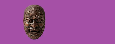 Carved Wooden Japanese Oni Mask On Purple Background