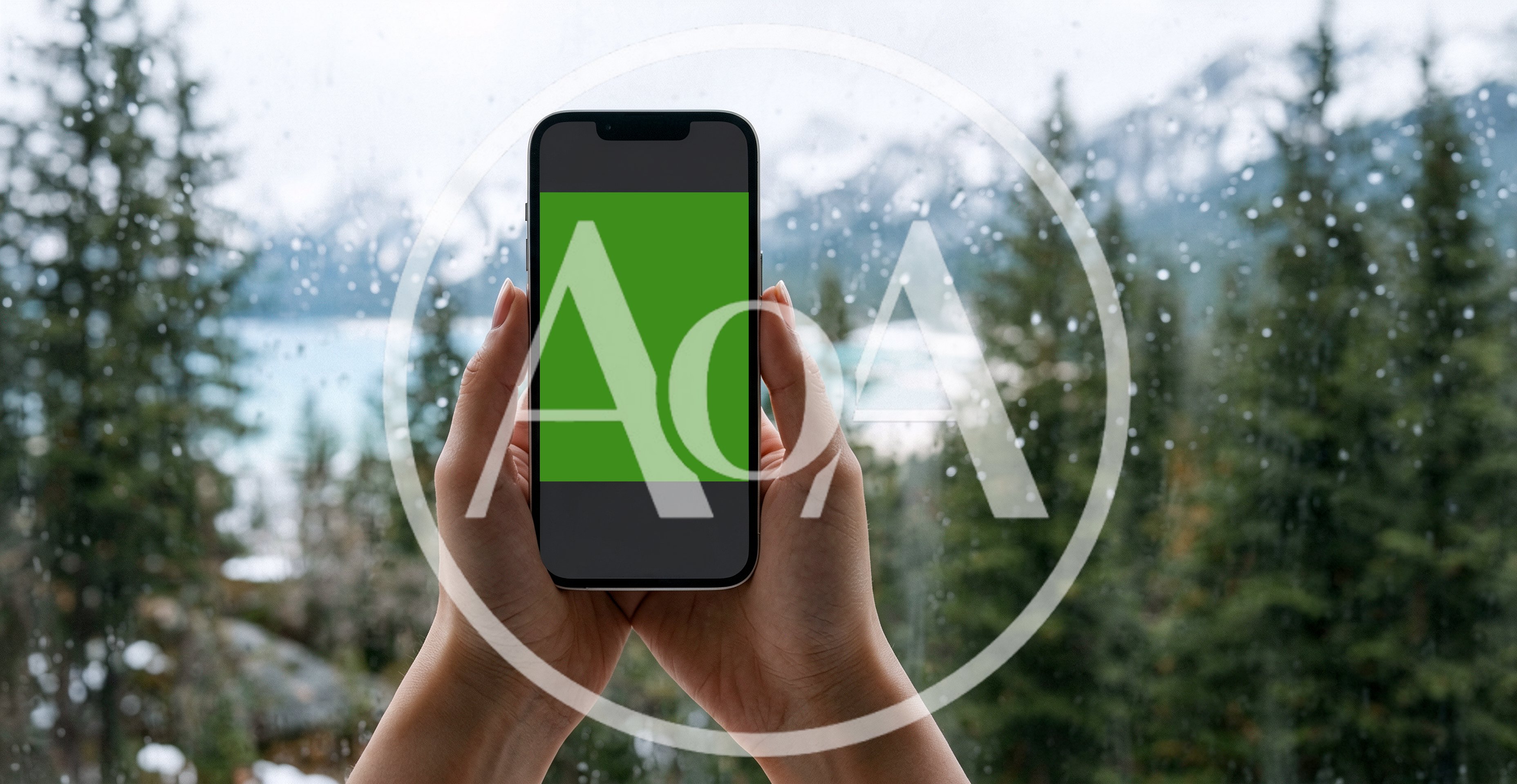 Person Holding Smartphone With Green Screen Against Rainy Window