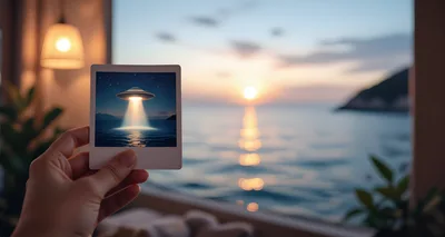 Hand Holding Polaroid Photo Of UFO Over Ocean
