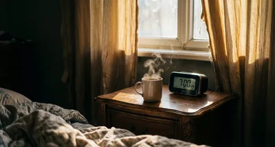 Steaming Coffee Mug And Alarm Clock On Bedside Table